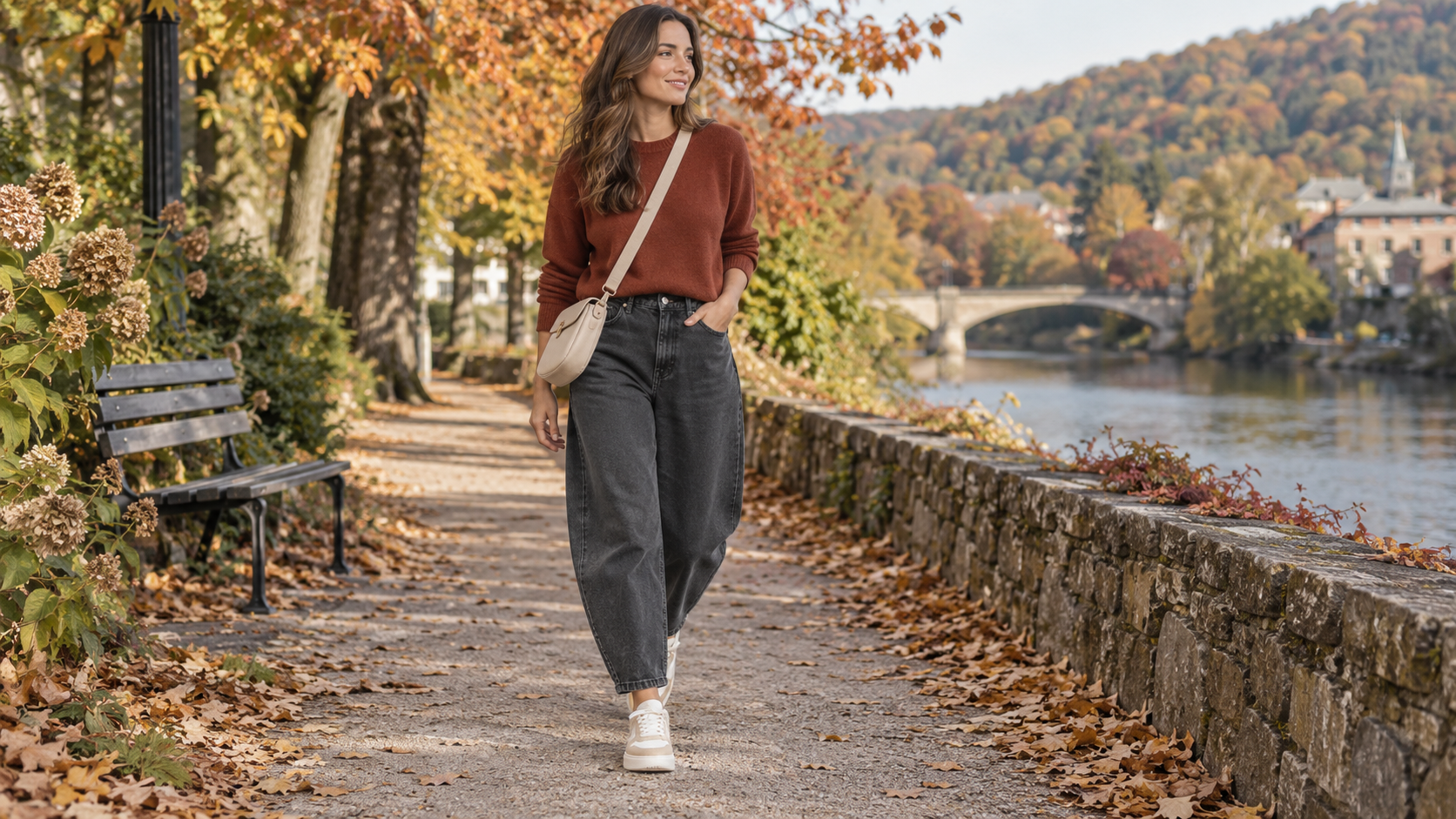 Rust Sweater paired with Charcoal Barrel Jeans and Cream Sneakers